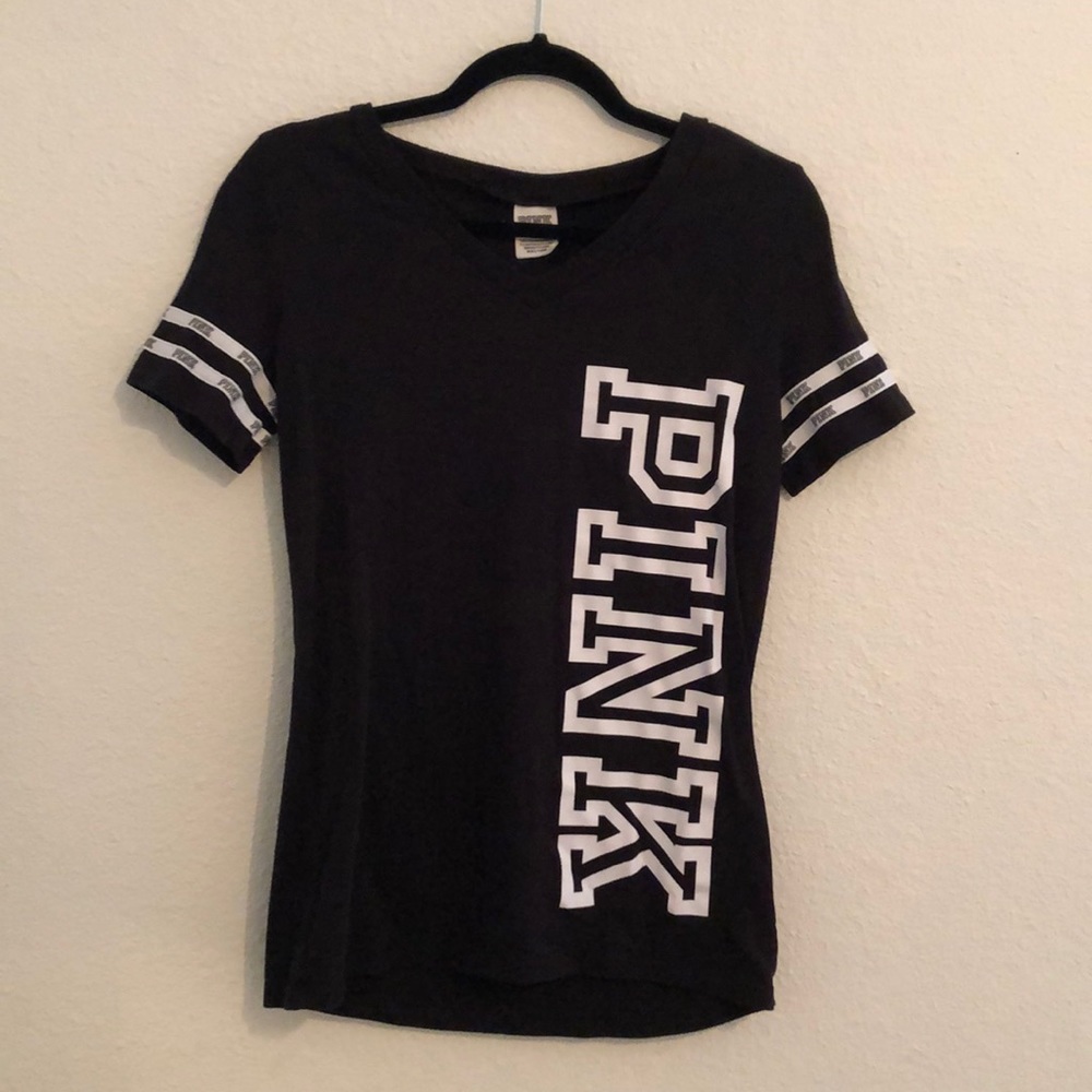 Pink: Black V neck short sleeve tee